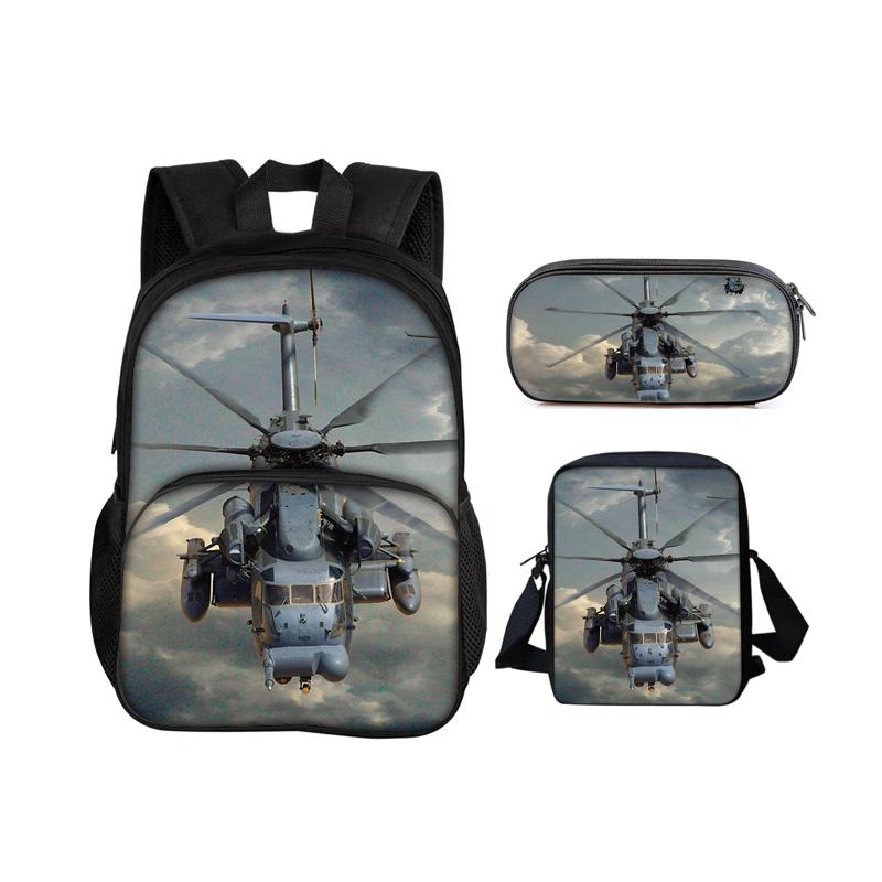Helicopter Round Front Bag Backpack Pencil Case Shoulder Bag 3Pcs Set Mechanical Printing Best Gift for Boys and Girls In School