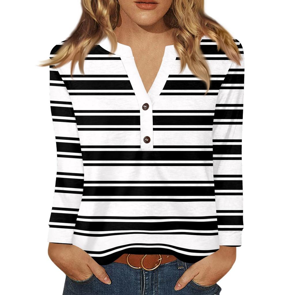 Dámské tričko s potiskem, knoflíky, dlouhý rukáv, denní, víkendová móda, základní, výstřih do V, běžný top