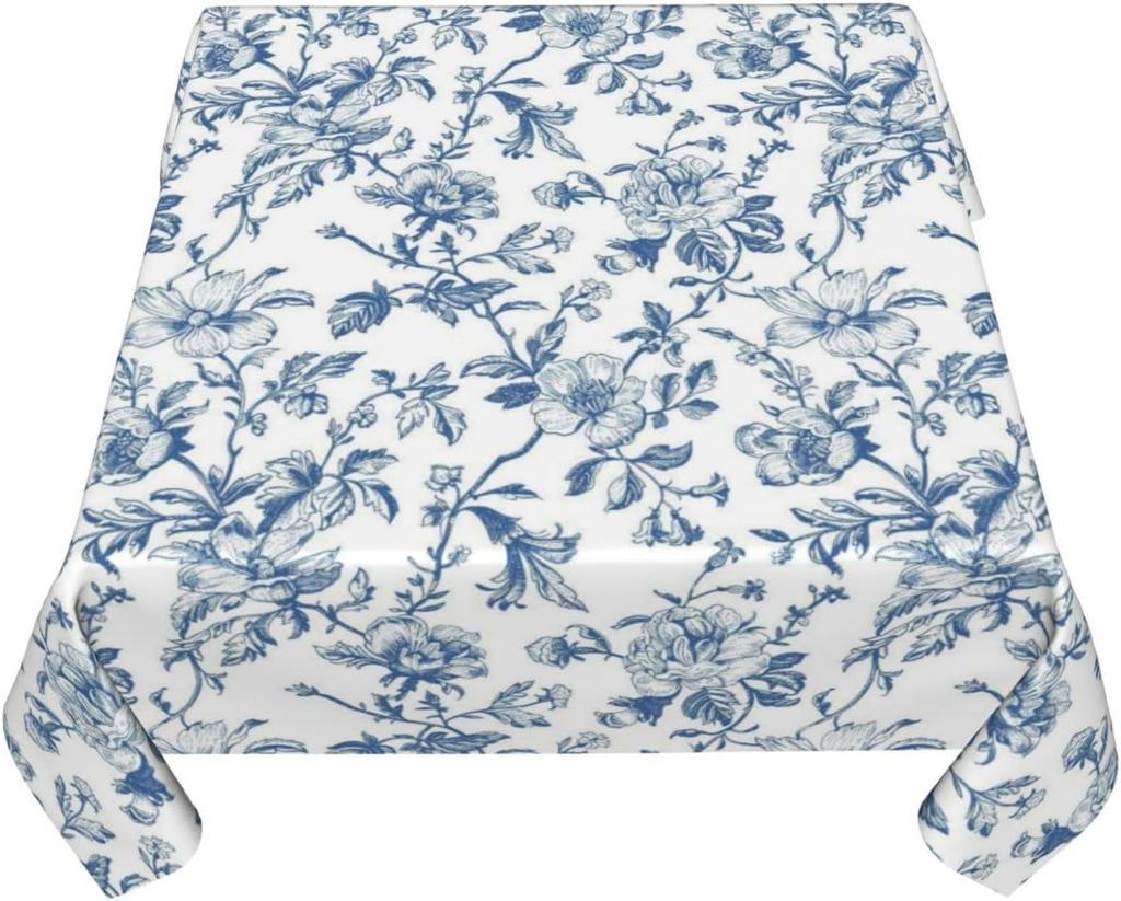 Blue Floral Square Tablecloth Chinoiserie Flower Toile Vintage Decorative Table Cover for Farmhouse Party Dining Picnic Kitchen