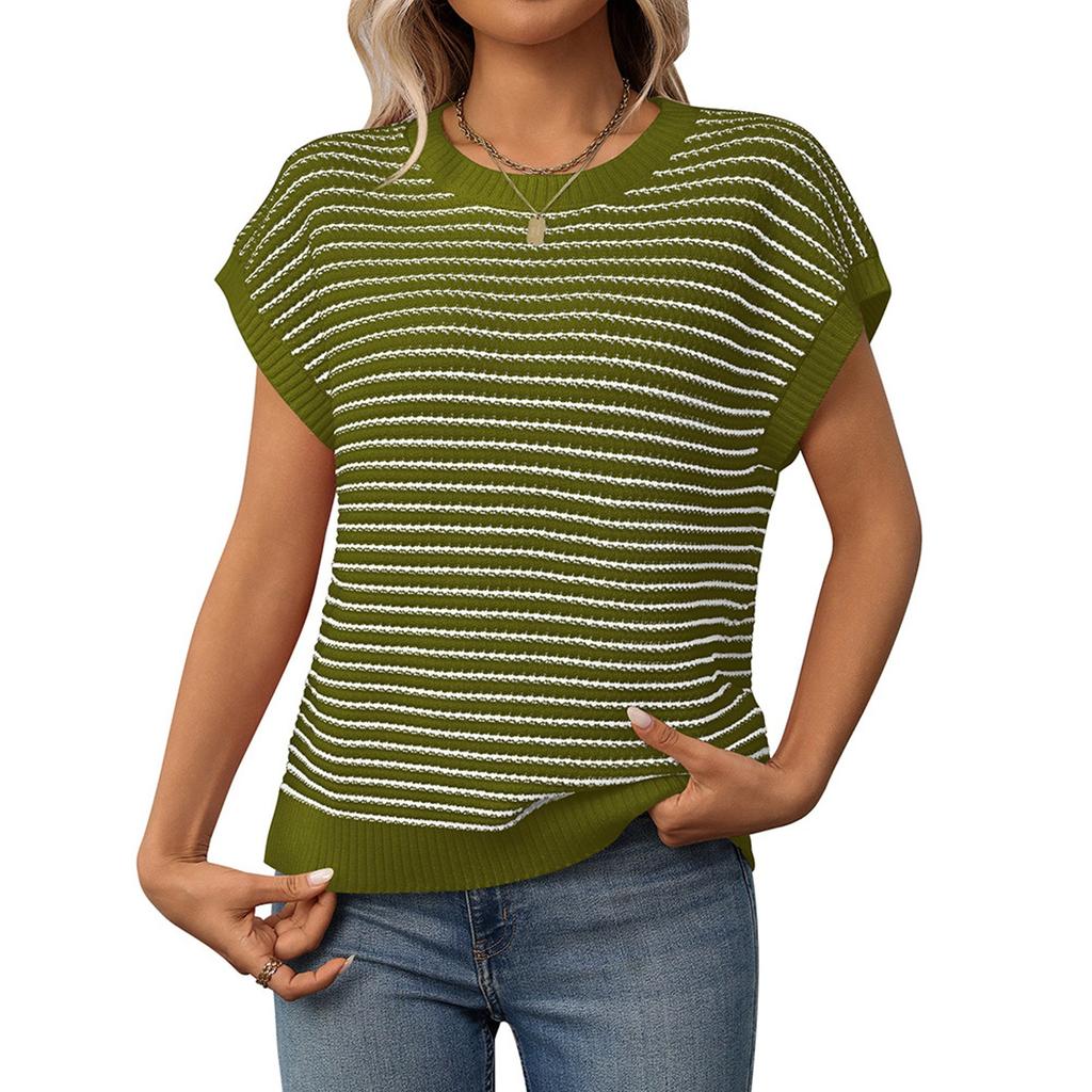 Women's Fashion Summer Round Neck Knitted Casual Striped Contrast Top