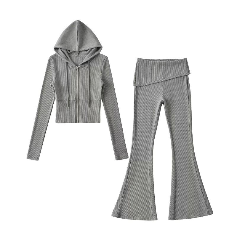 Womens Streetwear Tracksuit Set Fitted Hooded Zip Top High Waist Flare Pants Slim Fit Fall 2025
