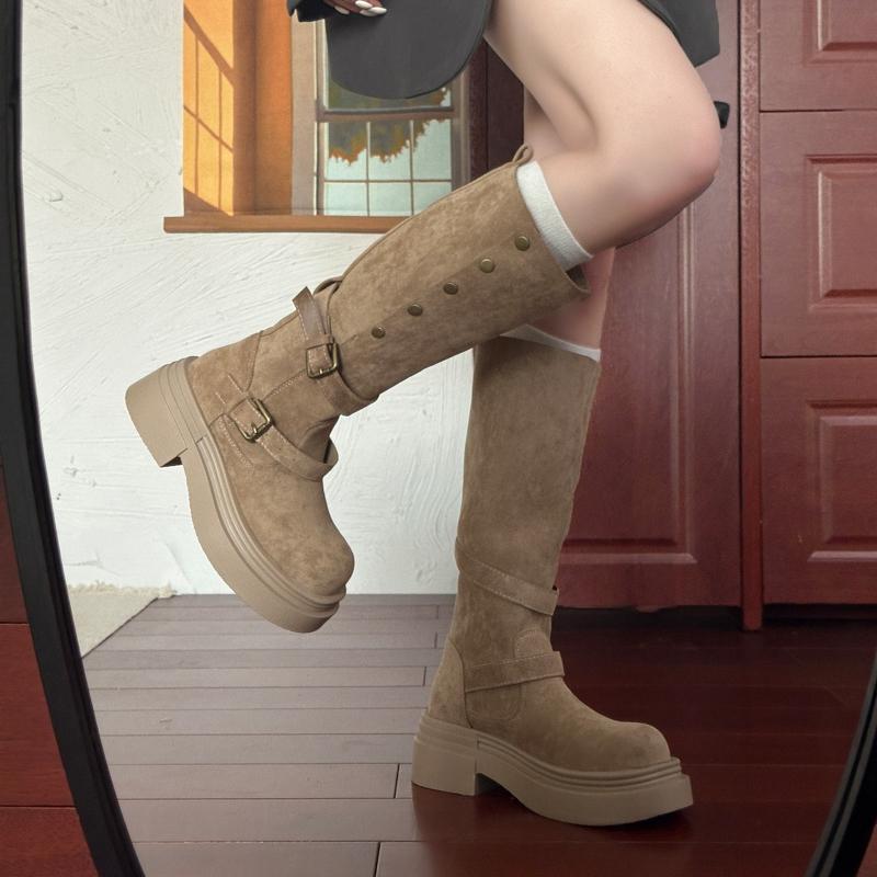 Fashion Street Style Fashion Belt Buckle Knee High Boots Women Platform Heels Shoes Design Elegant Knight Long Boot