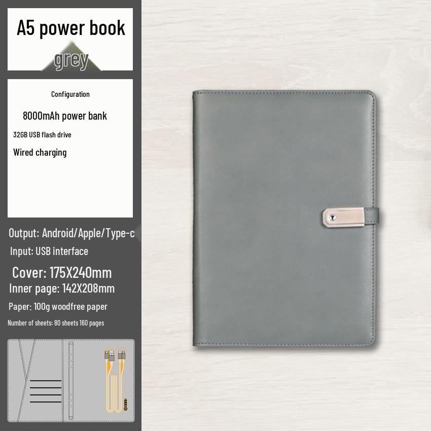 A5 Multi-Function Notebook Gift Set with USB & Wireless Charger - Customizable Logo Option