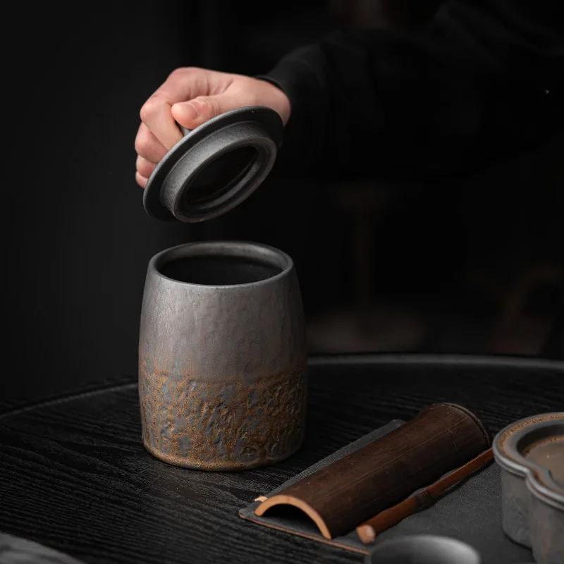 Stoneware Tea Jar Sealed Jar Pu'er Tea Storage Jar White Tea Packaging Box Household Japanese Vintage Ceramic Jar