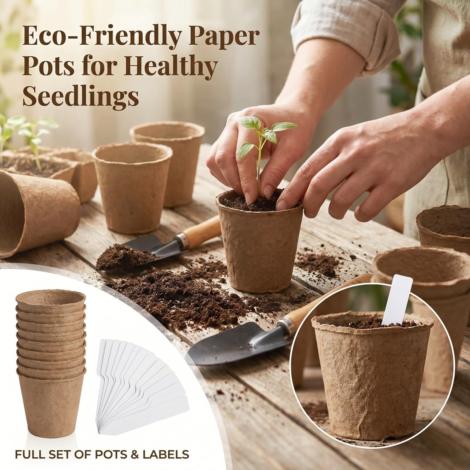 50pc Round Biodegradable Pulp Seedling Pots with Plant Labels Compostable Nursery Containers for Garden Planting and Seed Starting S жёлтый