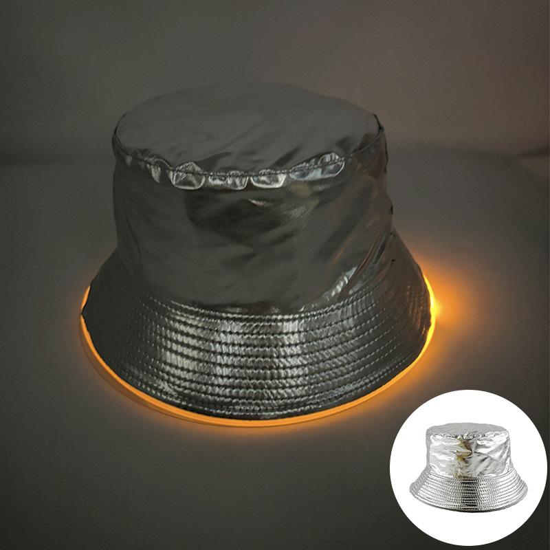 Adult LED Light-Up Flat Top Sun Hat Unisex Logo Embroidery Bucket Cap Solid Color Promotional Gift