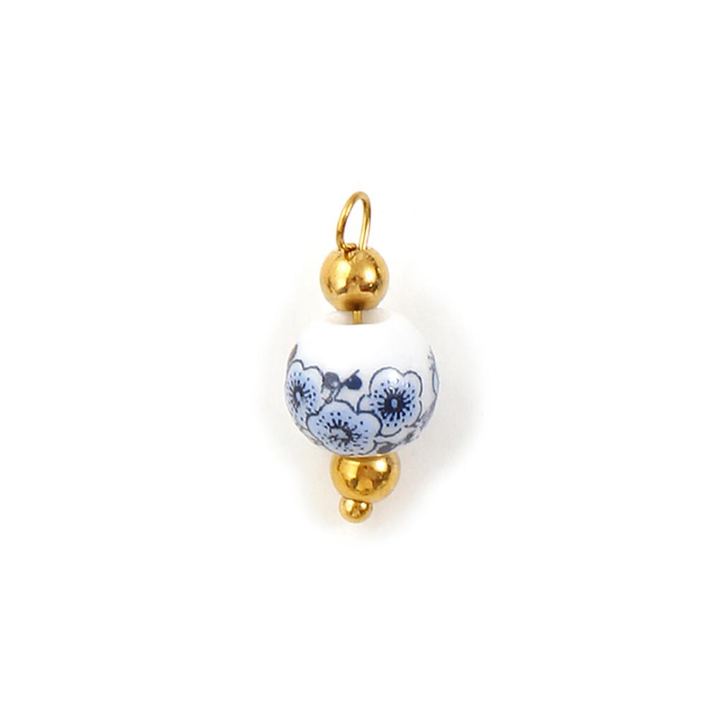 2 Pcs 304 Stainless Steel & Ceramic Charms Geometric Plum Flower Blue Printings For DIY Jewelry Necklace Earrings Keychains