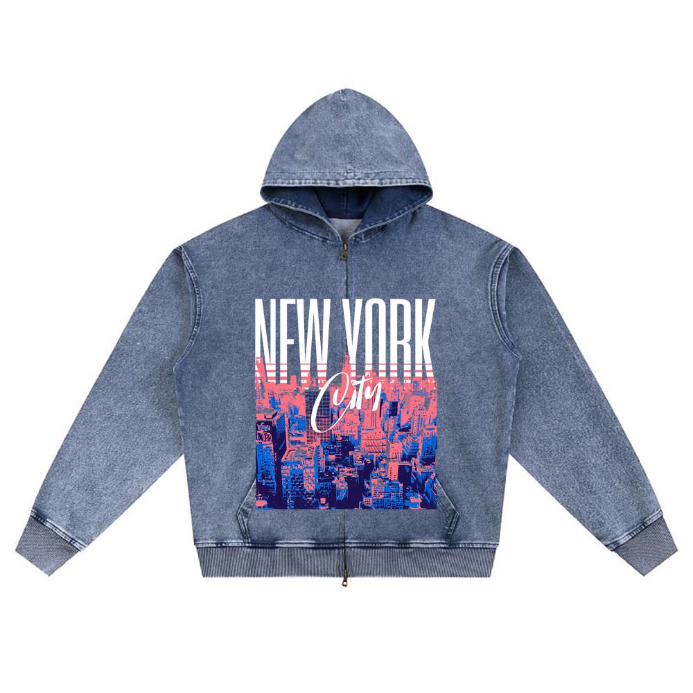 DTG print Knitted Denim Zip-Up Hoodie New York City Brother Print Zipper Hoodies
