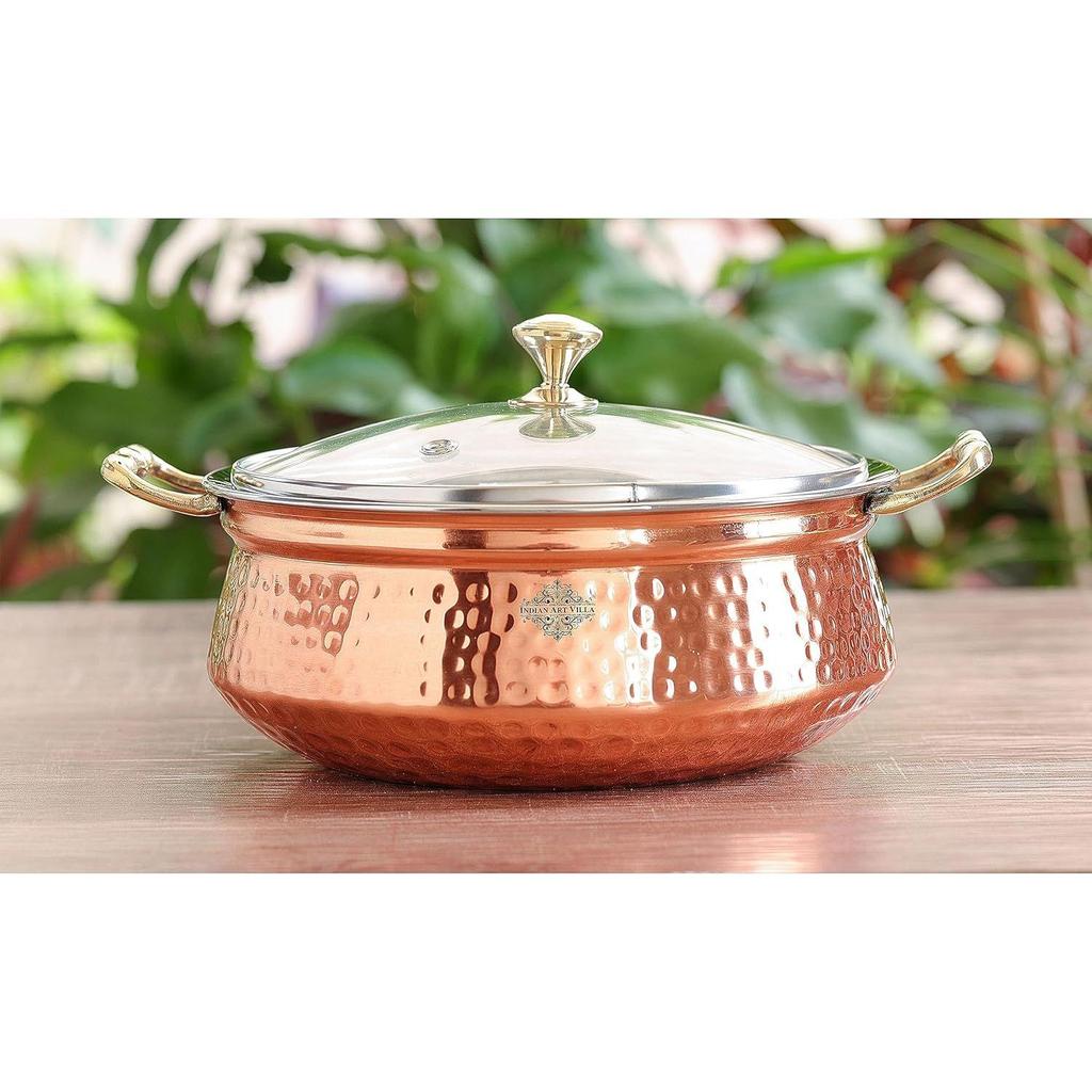 Hammered Steel Copper Casserole Donga Bowl with Glass Lid, Tableware and Serveware (2200 ml)