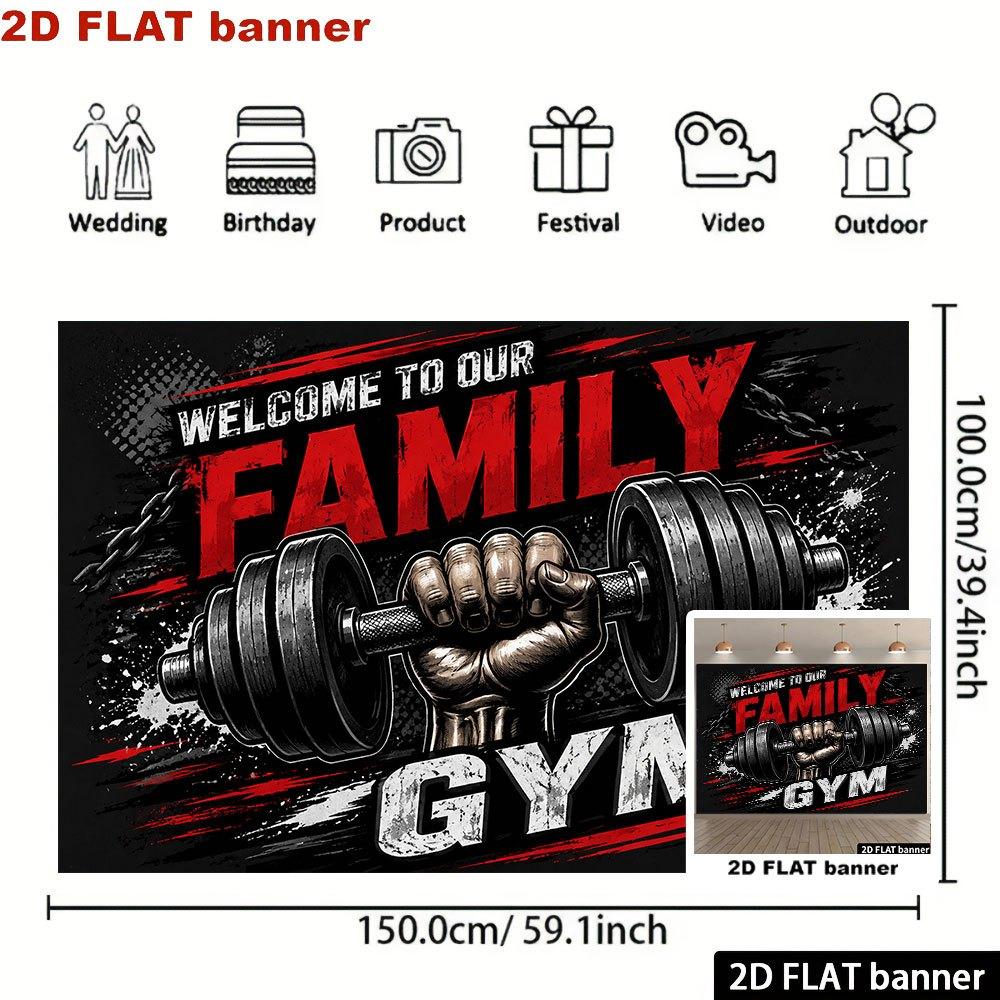 Welcome to Our Family Gym Backdrop Banner, Dumbbell Hand Design, Durable Polyester Wall Decor for Indoor Outdoor Party Holiday Home Decoration