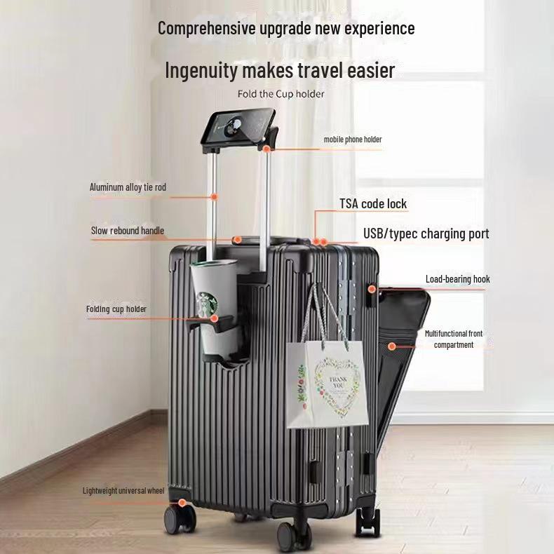Multi-Purpose Business Trolley Suitcase with Laptop Compartment and Cup Holder