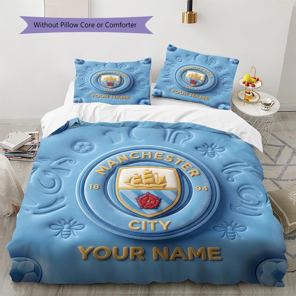 Custom Name Manchester City Pattern Bedding Quilt Set Home Decoration Gift (1 * duvet cover + 2 * pillowcase without core)
