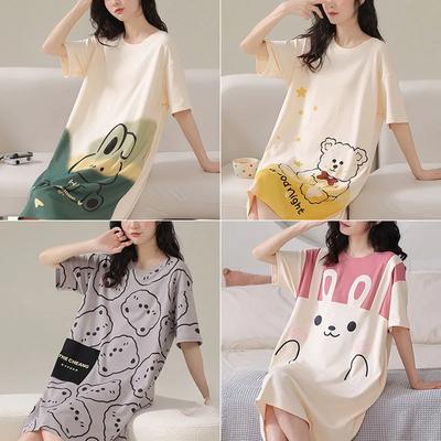 Women Pajamas Cute Short-Sleeved Nightgown Cartoon Large Size Thin Section of The Mid-Length Skirt Homewear Can Be Worn Outside