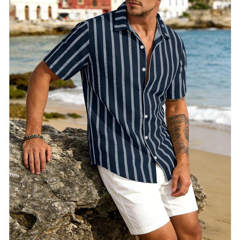 Men Short Sleeve Striped Single Breasted Shirt Multi Color New Summer Casual Top S синий