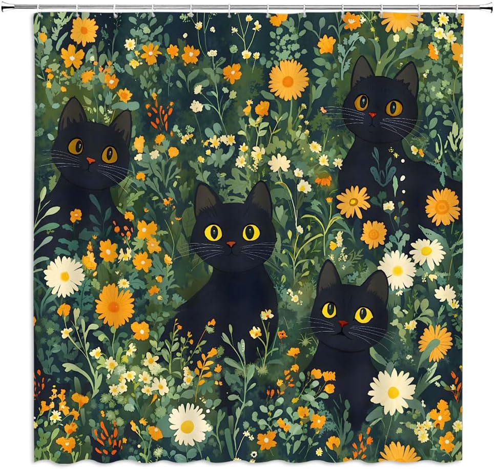 Green Leaves Black Cat Shower Curtain Wildflower Boho Rustic Kitten Cute Kitty Lover Pet Farmhouse Yellow Floral Farm Animal