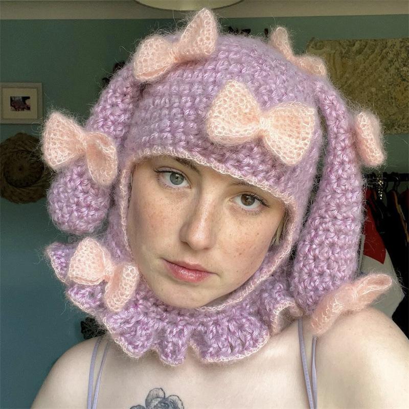 Einfarbige gestreifte Katze-Ohr-Mütze, modische und personalisierte Quasten-Überziehmütze für Erwachsene