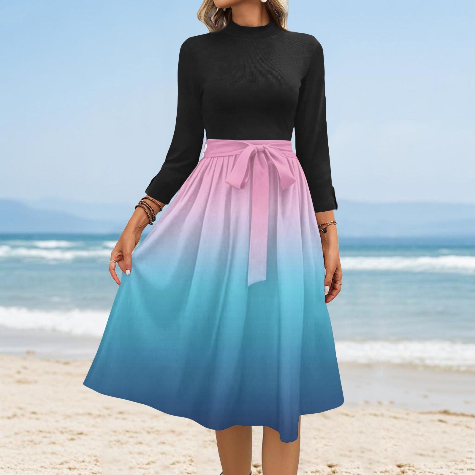 

Женское модное повседневное платье с поясом, рукавом семь восьмых, круглым вырезом, градиентное, с темпераментом XXL синий