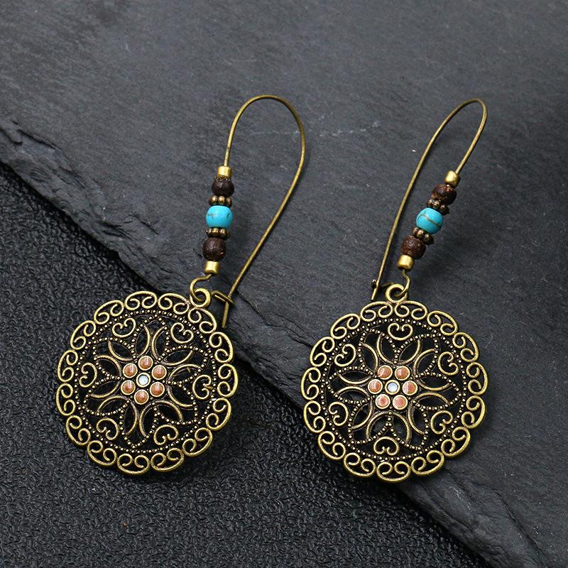 Ethnic Vintage Bohemia Big Ear Hook Drop Earrings For Women Geometric Leaf Wing Flower Hollow Round Boho Earings Antique Jewelry