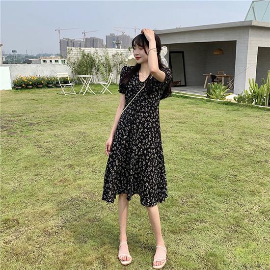 Summer Floral Temperament Skirt, Medium Length Short Sleeved French Fresh and Sweet Dress, Fairy Dress, Fashionable Women's Clothing