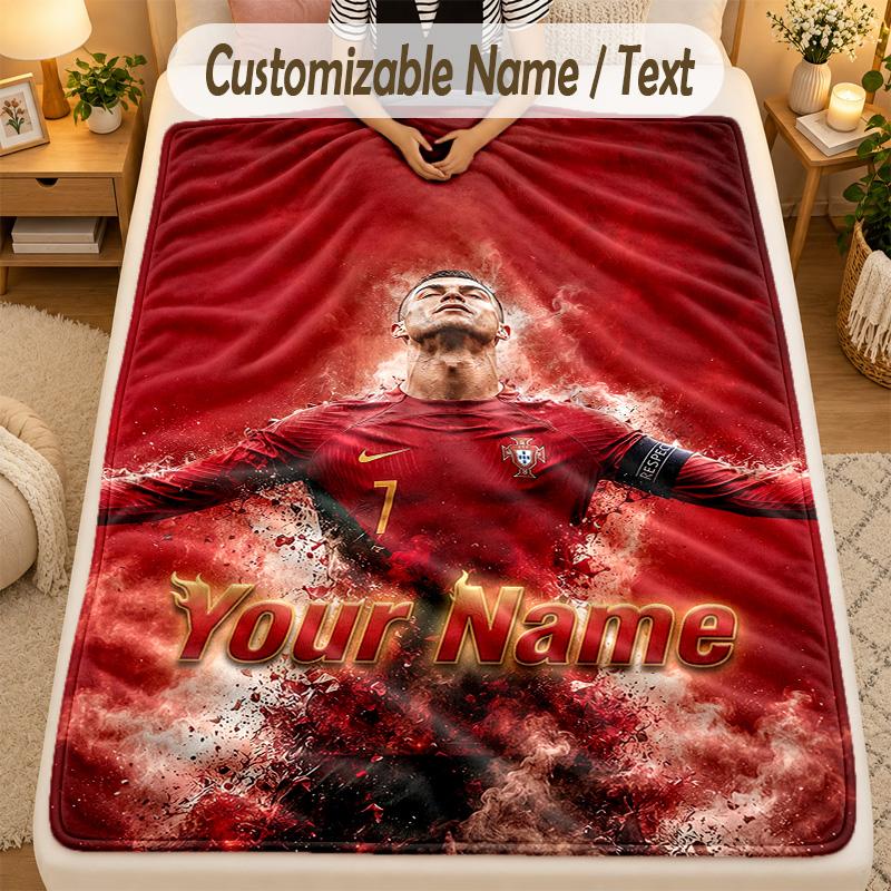 Flannel BlanketCristiano Ronaldo Custom Name Text Personalized Soft Warm Throw Blanket Home Decor Gift
