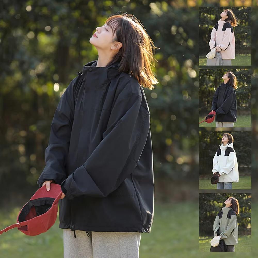 Women's Casual Outdoor Contrast Color Waterproof Hooded Jacket Autumn Winter Unisex Zipper Closure Lightweight Windbreaker for Hiking Camping