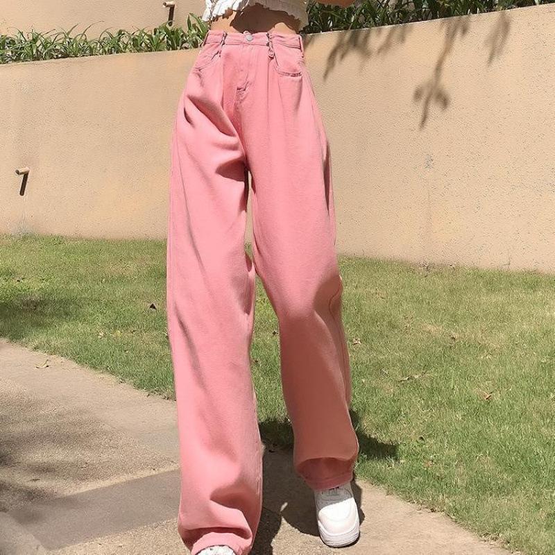 

Розовые джинсы женские летние тонкие с высокой посадкой прямые широкие брюки новые свободные и тонкие брюки Spice Girl в пол XL розовый