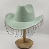 Women Rhinestone Tassel Decor Wide Brim White Fedora Hat For Party Cap Handmade Rhinestone Fringe Cowgirl Hat  Wholesale