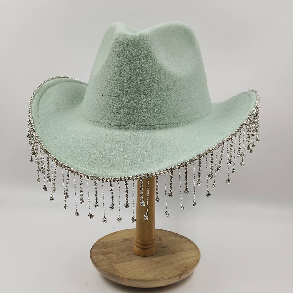 Women Rhinestone Tassel Decor Wide Brim White Fedora Hat For Party Cap Handmade Rhinestone Fringe Cowgirl Hat Wholesale