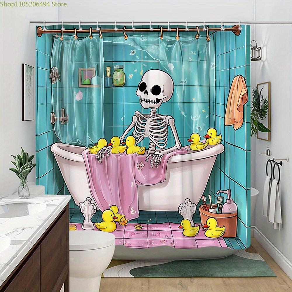 Lustiger Skelett-Duschvorhang für die Badewanne Maschinenwaschbar Ganzjahres-Wasserdicht Sichtschutz Cartoon-Design Humor Schnelle Montage