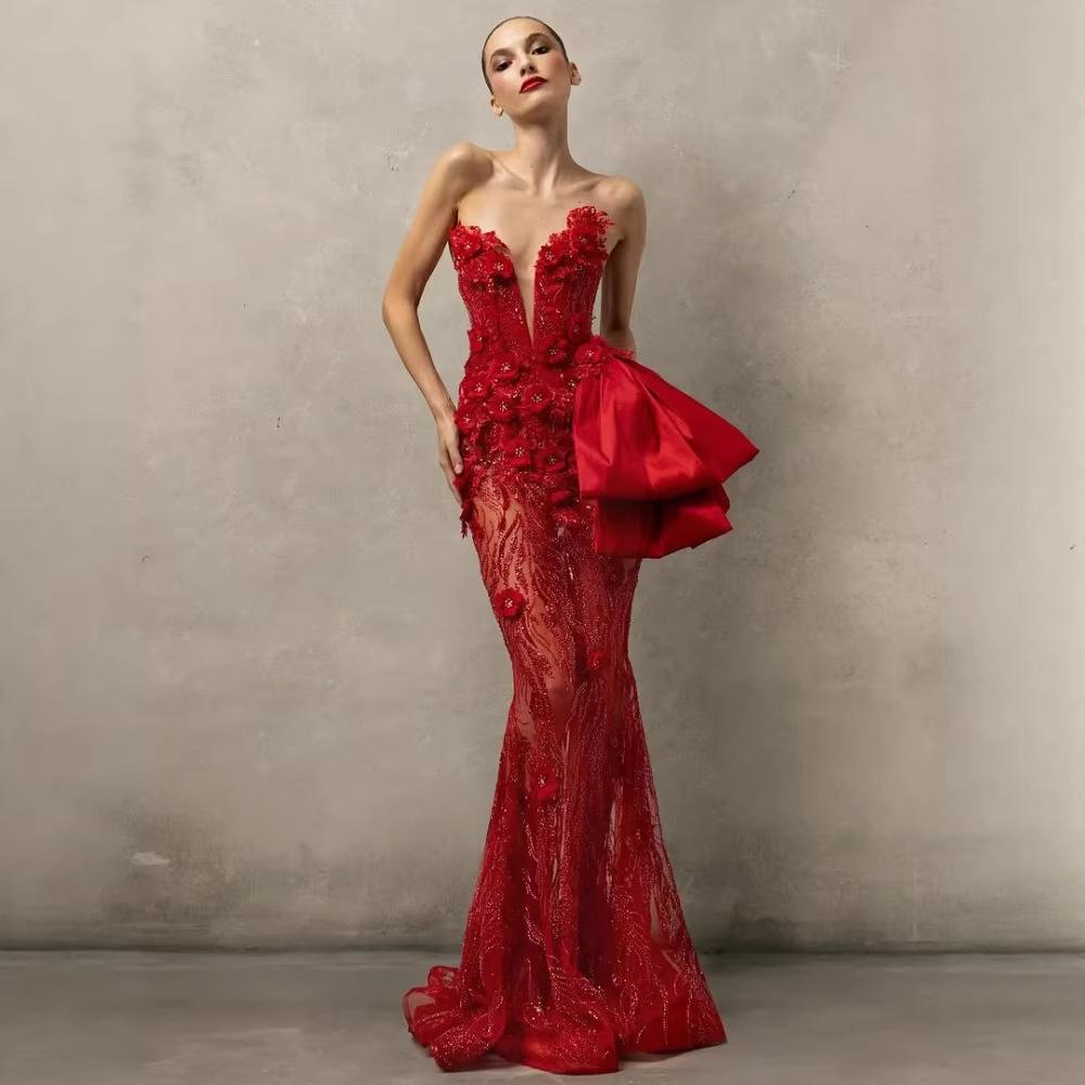 European and American new sexy tube top three-dimensional flower slim hip bow party dinner long dress