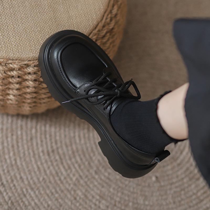 British lace-up small leather shoes women's new spring and autumn black platform non-slip versatile loafers women's single shoes