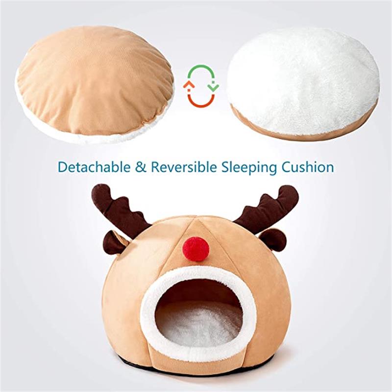 Pet Cat Bed House Cute Elk-shaped Kennel Nest Winter Warm Puppy Kitten Bed Cushion Comfortable Cat House Cave Christmas Pets Pad