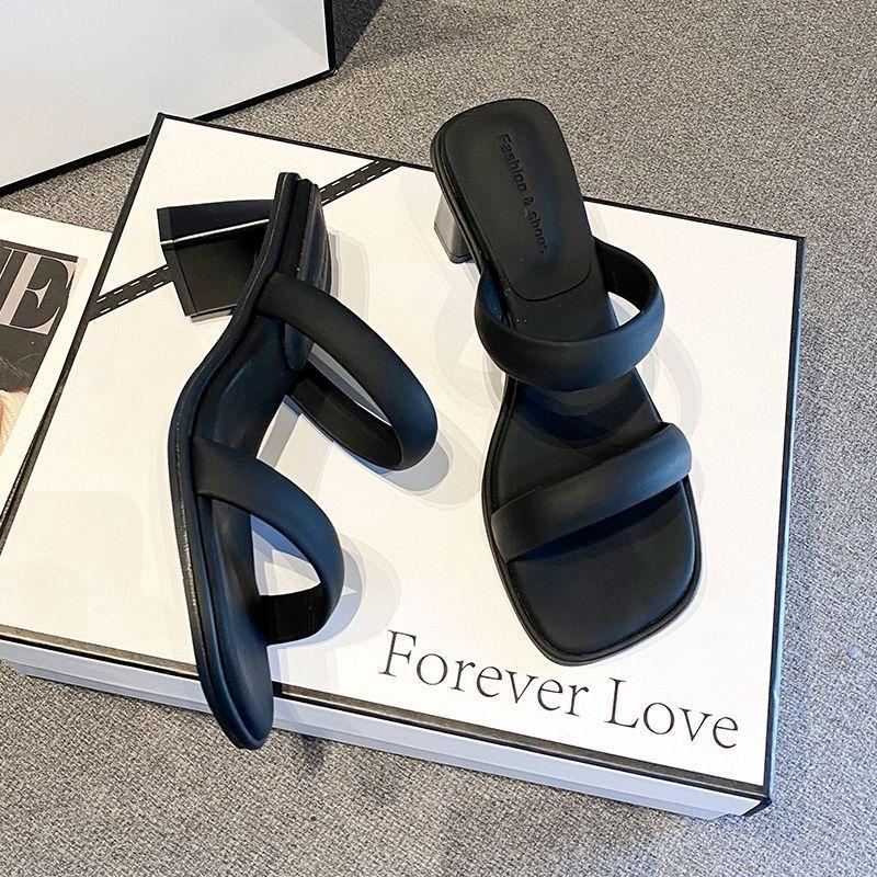 French thick heel simple word with sandals women's 2025 autumn new high-end wear cool slippers open-toed high heels