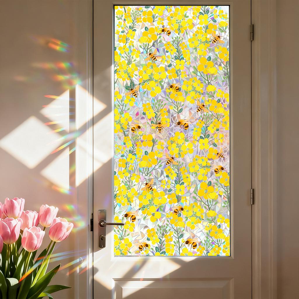 Kreative Farvede Glas Rapsblomst Bi Køkken Badeværelse Væg Stue Balkon Dekoration Klistermærker