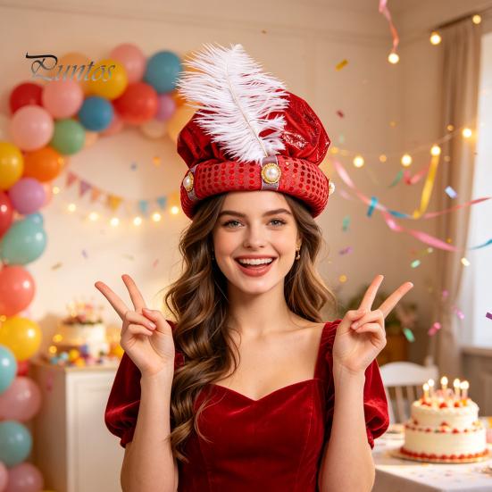 Accessory for Stage Shows Indian Sultan Hat, Shiny Sequins Feather Plume Cap, Novelty Arabian Comfortable Soft Lining Sequin Hat Prince Costume Dress