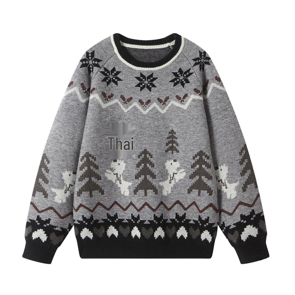 Roter Jacquard-Weihnachtspullover für Damen: Neujahr Retro Locker gestrickter Pullover