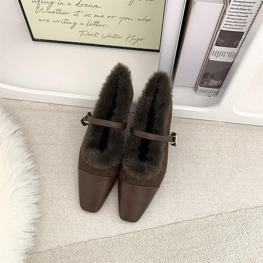 Pantofi francezi de pluș cu toc mic Pantofi Mary Jane singuri Pantofi de damă Sezon Pantofi caldi din bumbac Seara