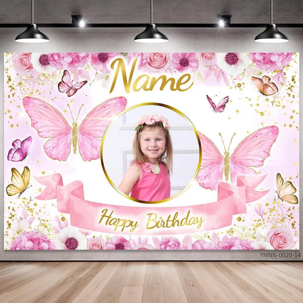 Sfondo Personalizzato Foto Nome Compleanno Farfalla Rosa e Sfondo Floreale Banner Personalizzato per Decorazione Parete Festa Glitter