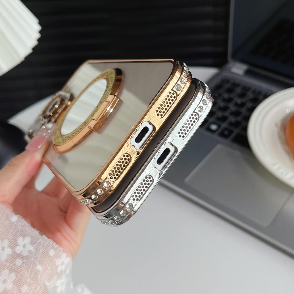 Girls Cute Glitter Diamond Makeup Mirror Camera Lens Protector Bumper Phone Case With Stand For iPhone 17 16 Pro Max Samsung S25 S24 Protective Cover