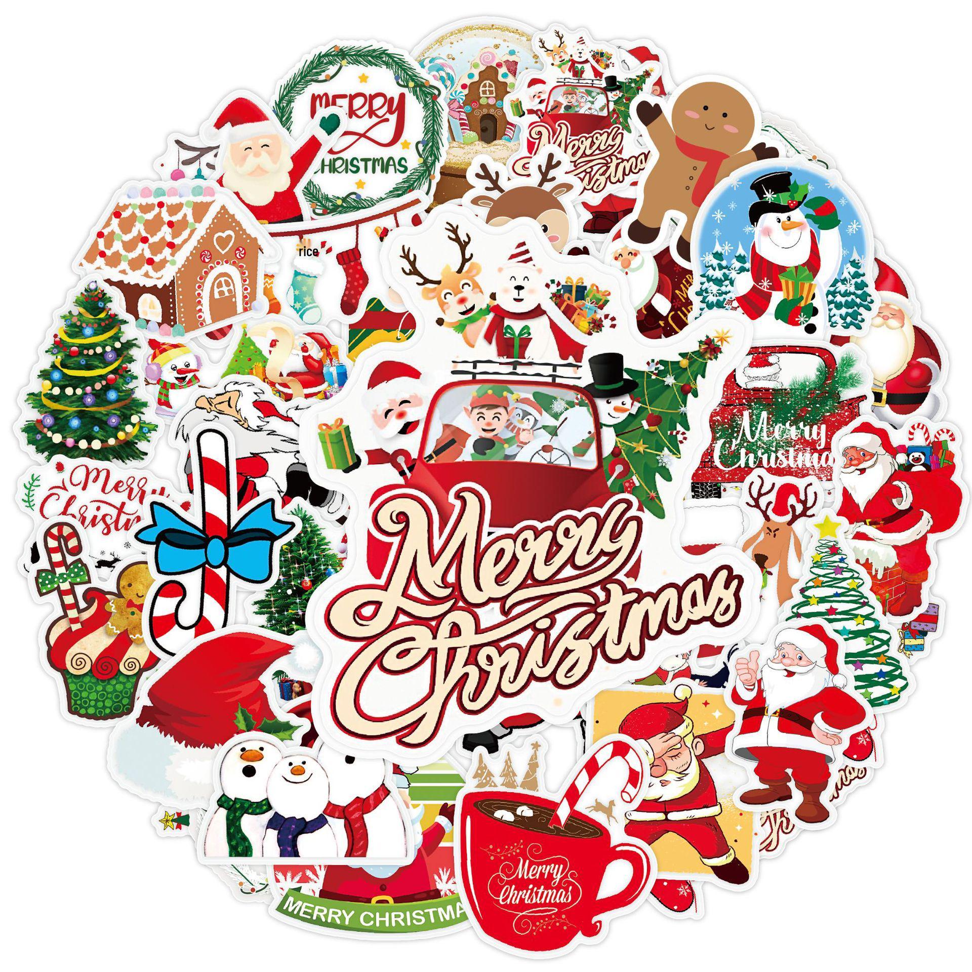 50-Pack Waterproof Christmas Cartoon Stickers: Santa, Tree & More for Notebooks and Luggage.