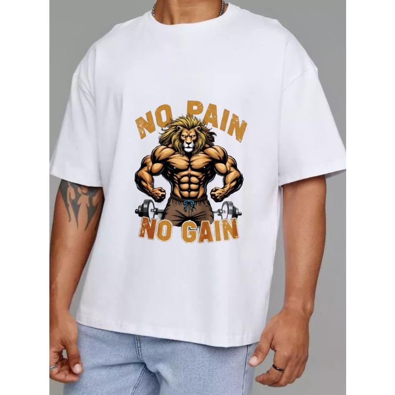 Muscle Lion T Shirt White No Pain No Gain Graphic Print Gym Workout Fitness Motivation Apparel for Men