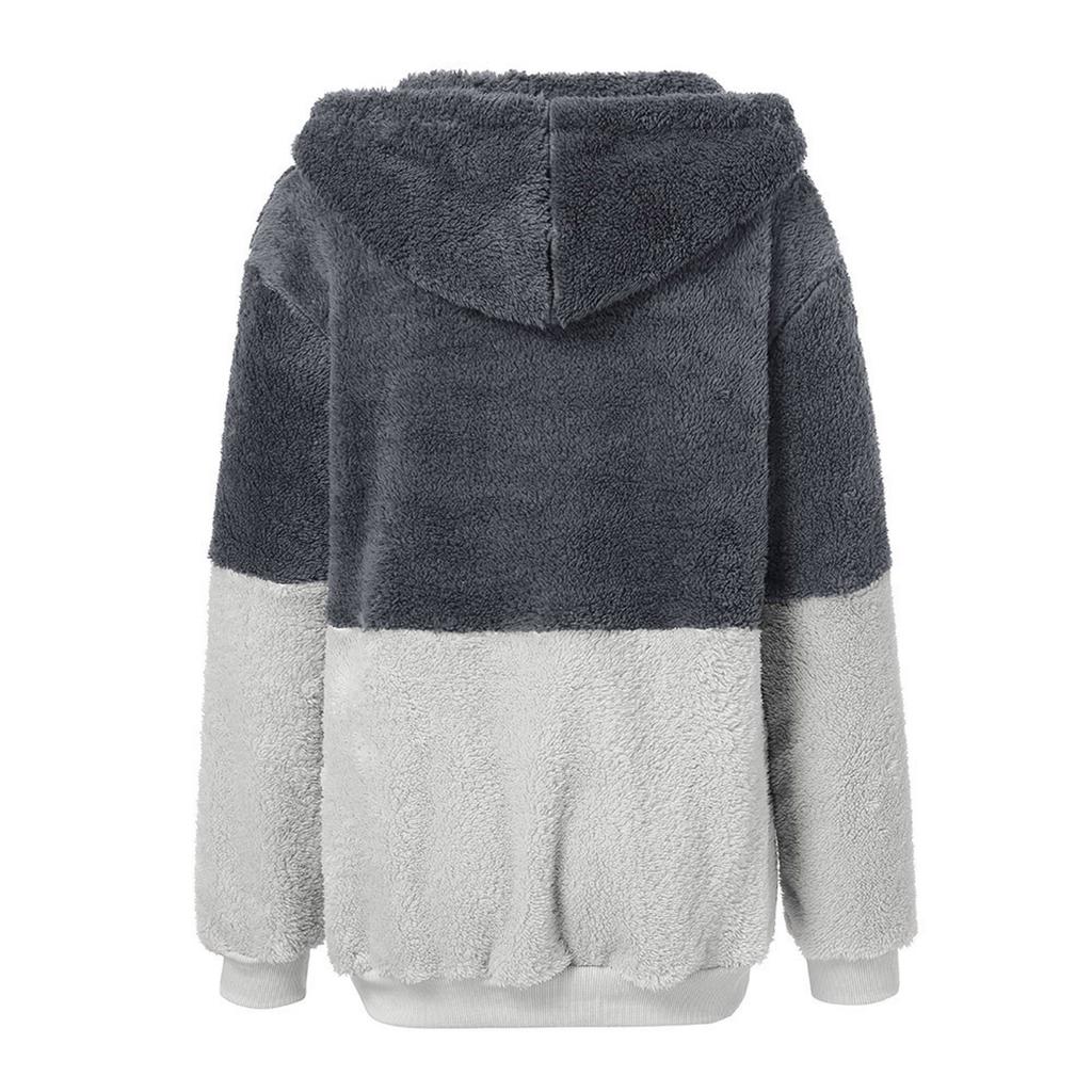 Women's Fashion Color Blocking Hooded Stitched Long Sleeve Zipper Plush Sweater