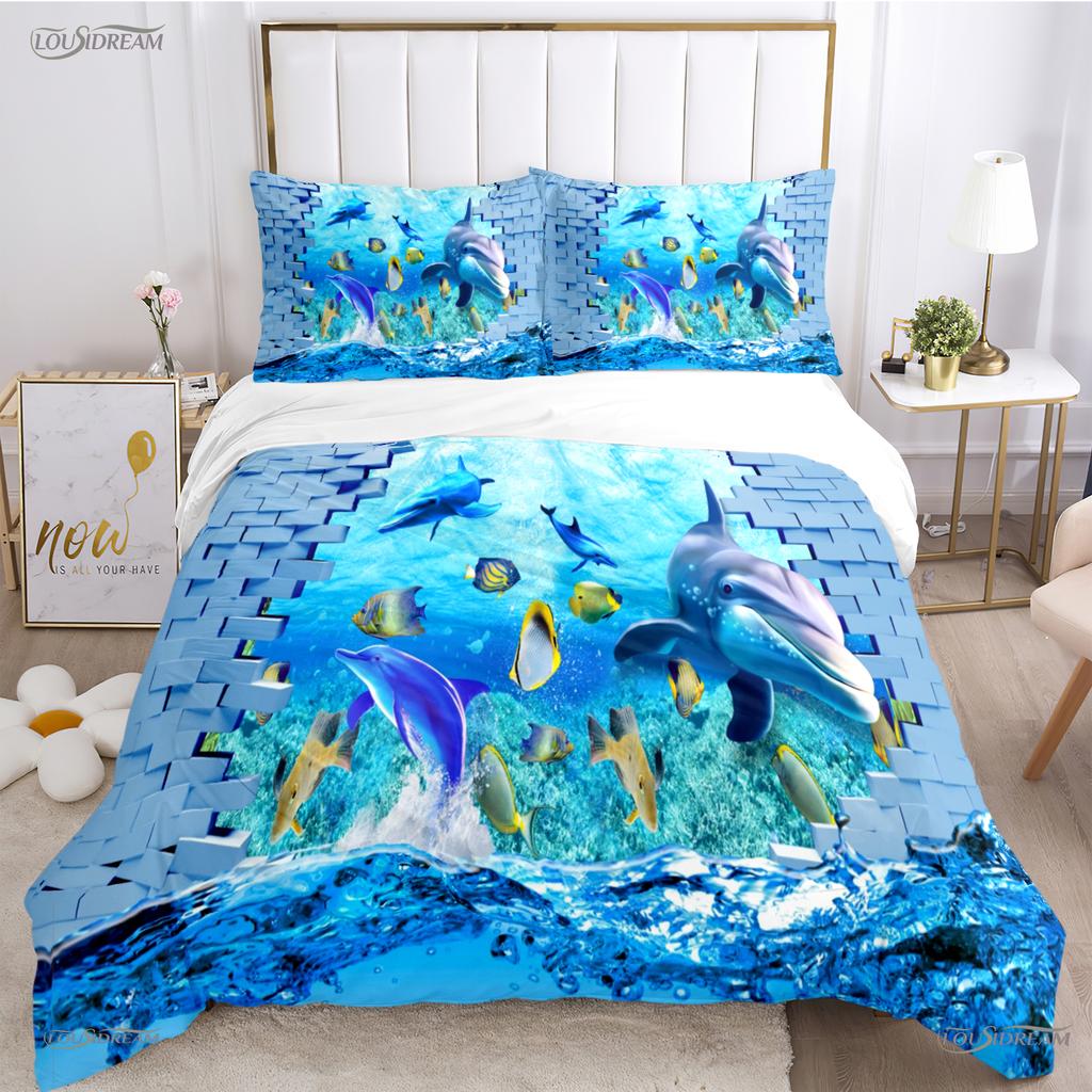 Comforter 3D Ocean World Dolphin Whale Fish Comforter Beding Set Soft And For Single/Double/Queen/King