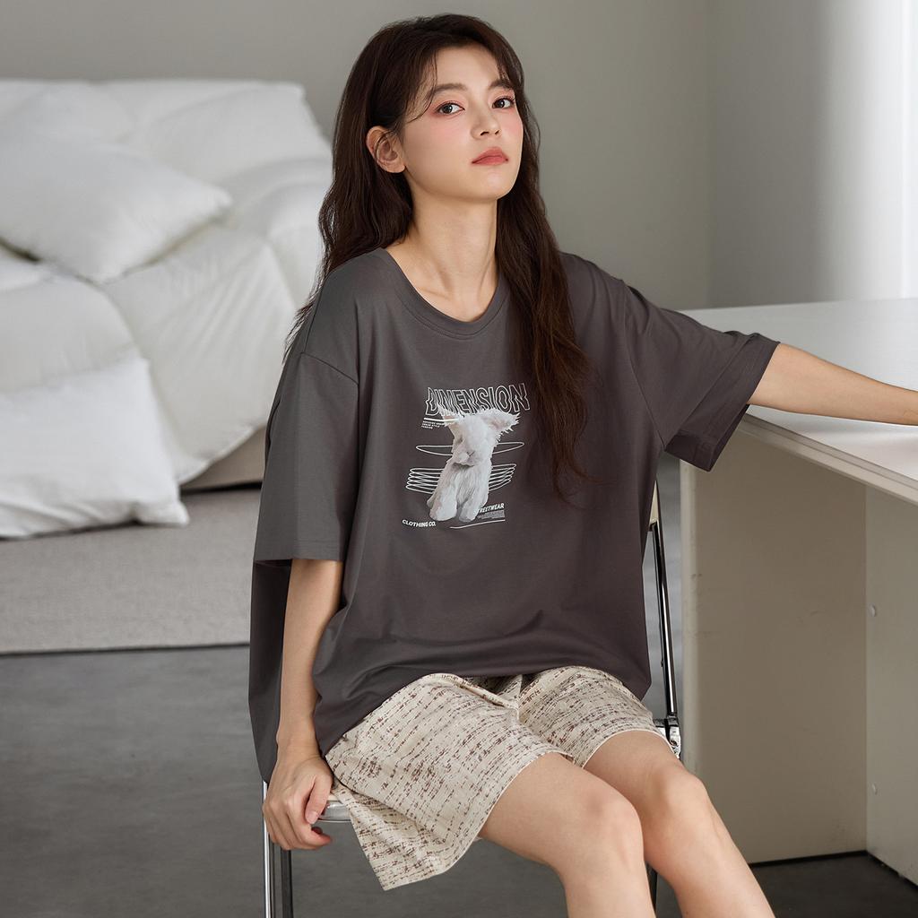 Pajamas women's summer cotton comfortable short-sleeved shorts simple white printing Korean outer wear women's loungewear set