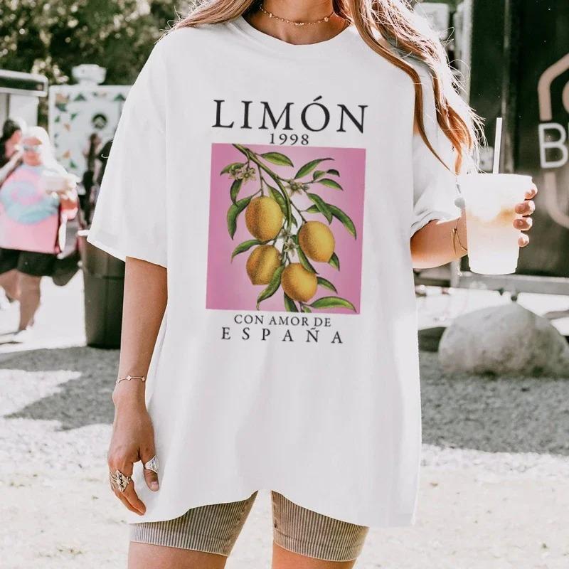 Vintage Niedliche Zitronenfrucht-Print T-Shirts Ästhetisches Botanisches T-Shirt Übergroße Streetwear Oberteile Baumwolle Damen Cottagecore Kleidung