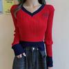 Women's V-neck Sweater Spring Autumn Long-sleeved Knitted Cropped Top Sweater Color-block Pullover Jumper