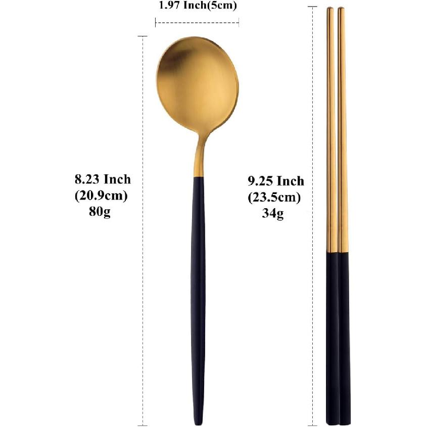 Reusable Chopstick and Spoon Set,Stainless Steel Korean Spoons Chopsticks,Metal Chopsticks Spoons Set of 3 Dinnerware For Home or Restaurant,Black