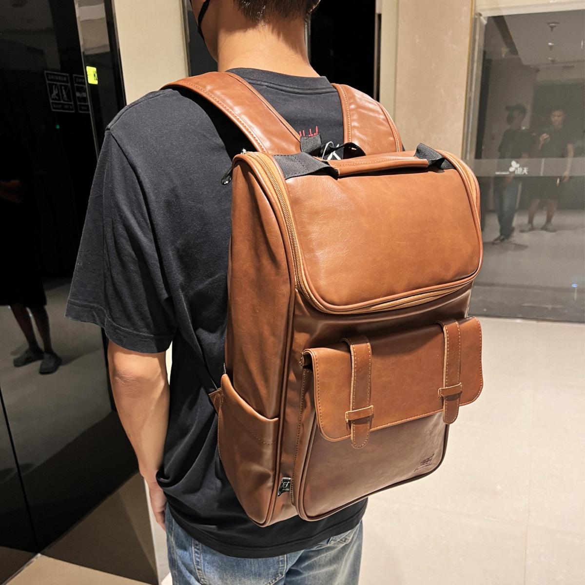 

Корейский тренд Рюкзак мужской из натуральной кожи: Стильная студенческая, деловая, дорожная сумка светло-коричневого