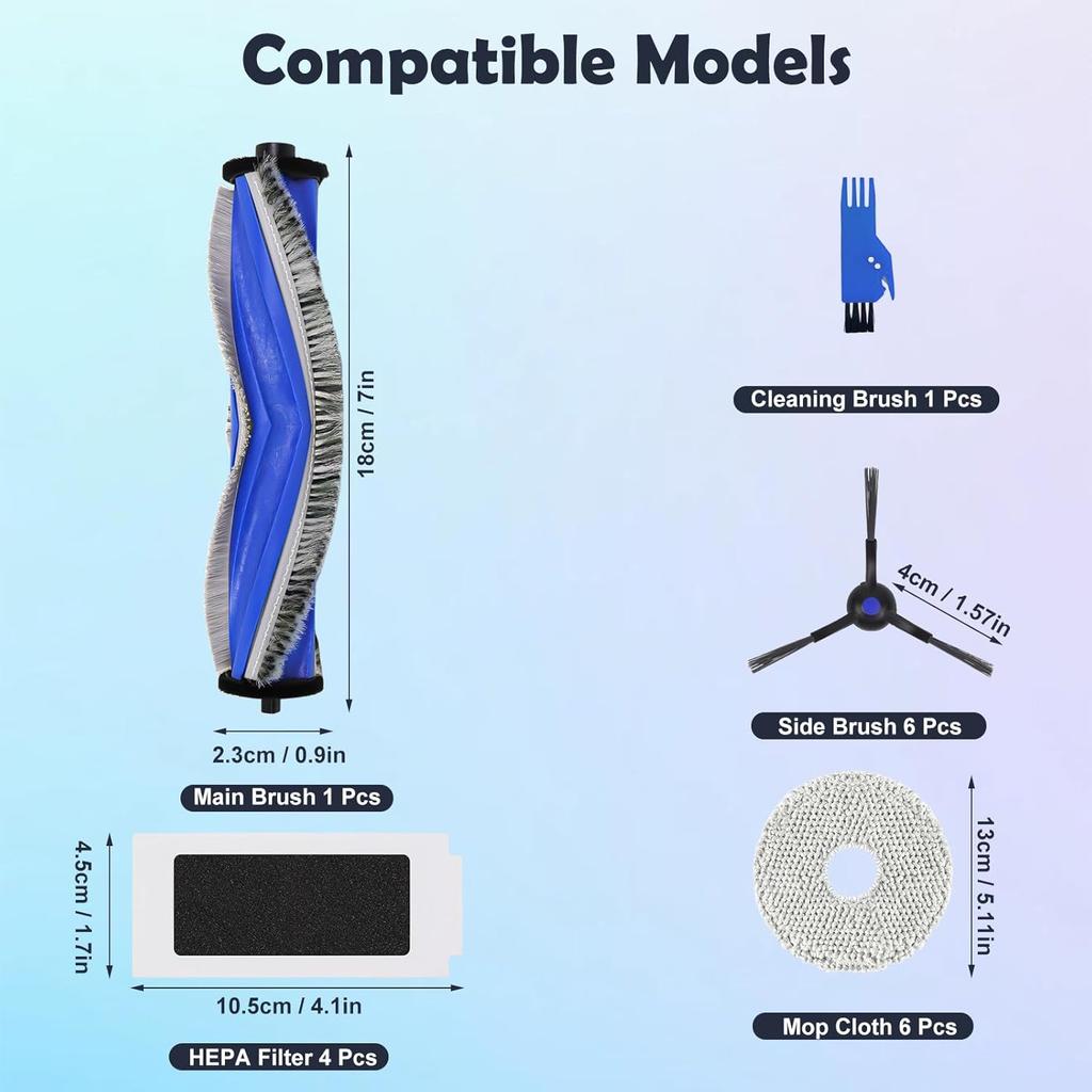 18 Replacement Parts for ECOVACS DEEBOT T30S/T30S Pro Vacuum and Mop Accessories Kit, 1 Main Brushes, 6 Side Brushes, 6 Mop Cloth Pads, 4 HEPA