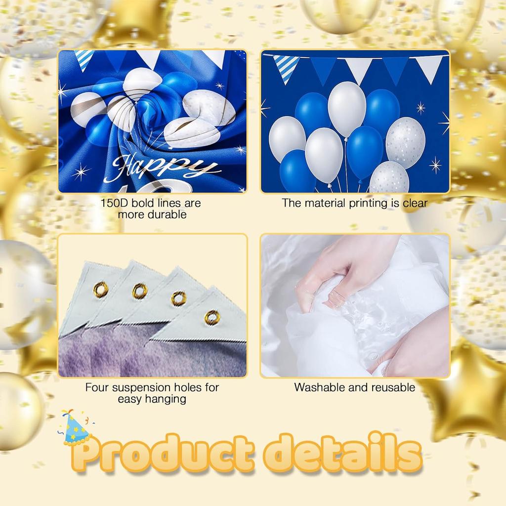 16th Birthday Door Cover 71x35 Inch Blue and Silver Birthday Banner for Party Decorations Balloon Ribbon Backdrop Sign for Boys Girls Teens Photo